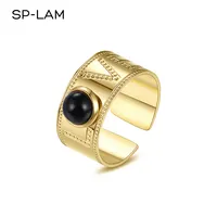 SP-LAM Gold Love Open Geometric 2 Gram Fashion Black Diamond Stainless Steel Ring Woman Trendy