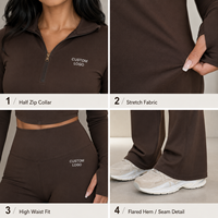 Conjunto Deportivo de Dos Piezas para Mujer, Color Mocha Marrón, Algodón Acordonado, Cierre de Cremallera de un Cuarto, Manga Larga, Cintura Alta, Corte Ajustado y Acampanado