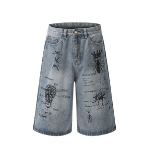 STARLIGHT Short en jean imprimé style hip-pop pour hommes bonne qualité bleu lavé aux enzymes lavage à l'eau de Javel sérigraphie Jorts pour hommes - Product Image 1