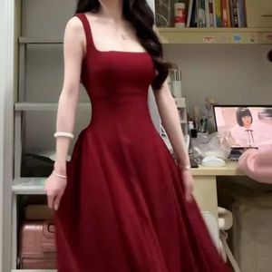 French Red Spaghetti Strap Dress A-Line Tight Waist Solid Color Party Casual Women's Summer Short Skirt - Product Image 3