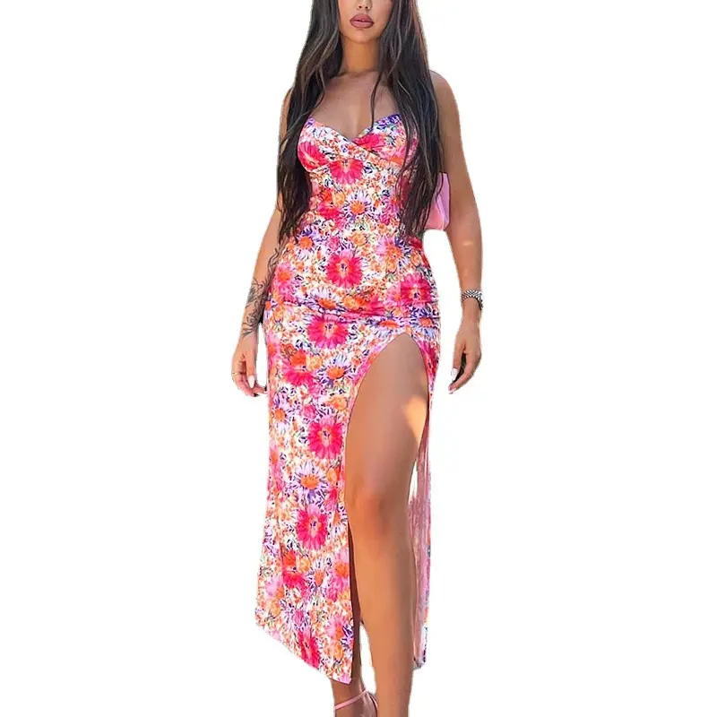 2023 women's new bodycon casual dresses summer seaside holiday digital print woman dress y2k sexy mid split sling dress