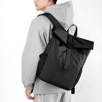 Men Tactical Roll Top Waterproof Anti-Theft PU Leather Backpack Breathable Padded Shoulder Laptop Daypack Travel Polyester