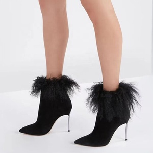 Handmade Fur Soft Suede New Design Dress Shoes Custom Made High Slim Heels Pointy Toe Women Ankle <b>Boots</b> - Product Image 6