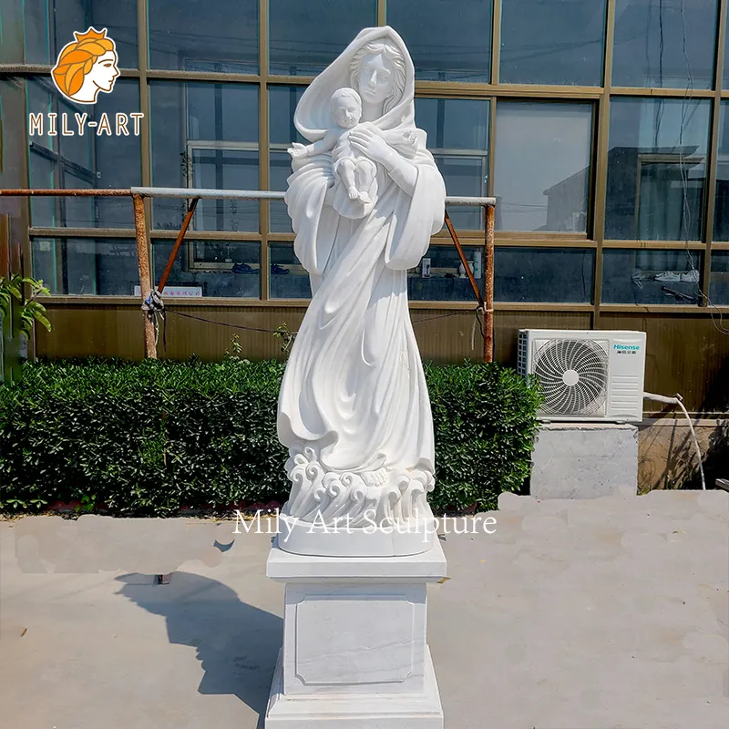 Estatua de la Virgen de piedra de tamaño real para decoración al aire libre, escultura blanca de María y niños