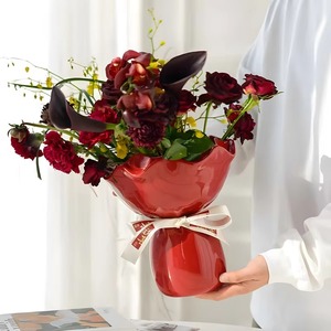 Ceramic Rose Shaped <b>Vase</b> Glazed Modern Desk Decor for Home Flower Arrangement Pink <b>Red</b> Black Colors - Product Image 4