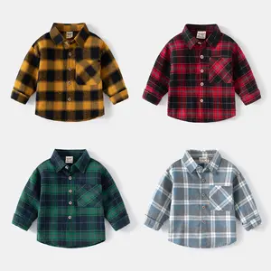 Retro Striped Checkerboard Lapel Boys Shirts with Pocket Spring Autumn Long Sleeved Soft Cotton Boys Shirts Toddler Boys Clothes