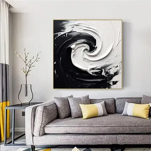 Pintura al Óleo Abstracta de Ondas en Blanco y Negro, Arte Moderno Texturizado en Lienzo para Decoración de Sala de Estar - Product Image 3