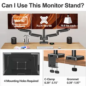 MOUNTUP Up To 32 Inches Screen Full Motion Gas Spring Triple Monitor Stand