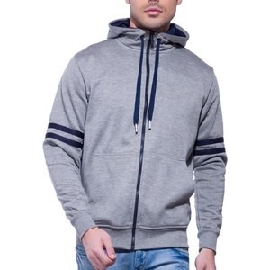Men's Gray <b>Hooded</b> <b>Zip</b>-Up Sweatshirt Regular Fit Casual Autumn Knitted Cotton Solid Color Striped Sleeves - Product Image 3