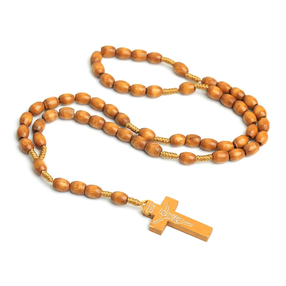 Wholesale High Quality Fashion Religious Catholicism Wood Beads Cross Handmade Wooden Prayer Beads Wooden Necklace