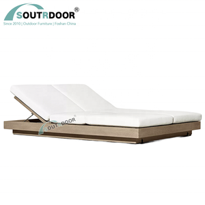 Sang Trọng Hiện Đại Gỗ Tếch 2-Chỗ Ngồi Giường Mặt Trời Rắn Đôi Ghế Patio Vườn Ngoài Trời <span class=keywords><strong>Lounger</strong></span> Cho Sân & Khách Sạn Mới Đến - Product Image 1