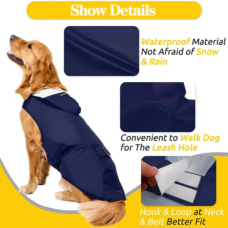 Jaqueta de chuva impermeável para cães com alça ajustável e faixa reflexiva, poncho leve com bolsa de armazenamento, colete para animais de estimação
