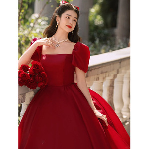 Red Ball Gown Wedding Dress Square Collar Natural Waist Vintage Style Full Skirt Long Sleeve Formal Bridal Gown - Product Image 2