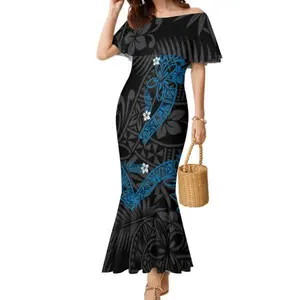 الطباعة على الطلب البولينيزية القبلية تصميم اللباس مخصص Samoan نمط الملابس زائد حجم المرأة عارضة خارج الكتف فستان مكشكش