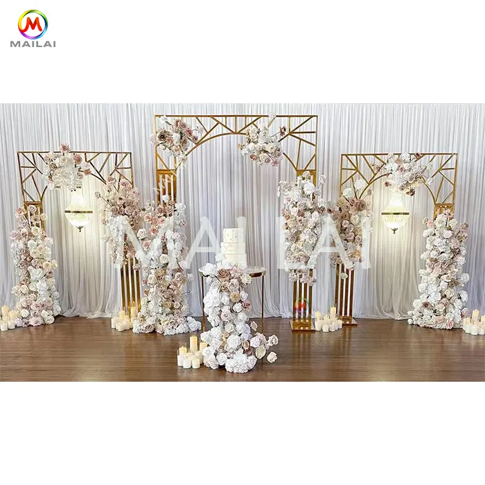 Fantasy Ceremony Event Golden Stainless Steel Wedding Decoration Arch Backdrop Disassembly Design with Artificial Flowers