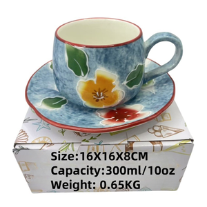 European Retro Luxury 10 oz Ceramic Tea & <b>Coffee</b> Cup Plate <b>Set</b> Hand Drawn Floral Pattern Cups Under Glazed Tea <b>Mug</b> - Product Image 5
