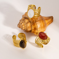 3 Farben Ovaler Stein Verstellbarer Offener Ring Vergoldet Mehrschichtiges Band Vintage Statement-Schmuck für Frauen