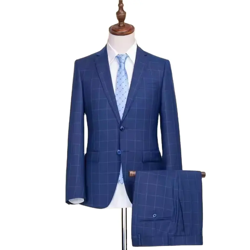2024 नया आरामदायक ब्लू प्लेड सिंगल-ब्रेस्टेड बिजनेस सूट, काम के लिए वी-नेक लैपल कॉलर बटन फ्लाई पैंट क्लोजर के साथ