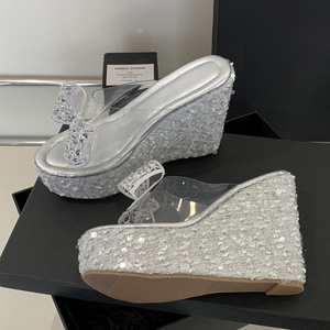 2025 Summer New <b>Wedge</b> Heel Thick-Soled Slippers Fashion PU Sole High Heels Bow Rhinestone Breathable Waterproof <b>Platform</b> Spring - Product Image 2