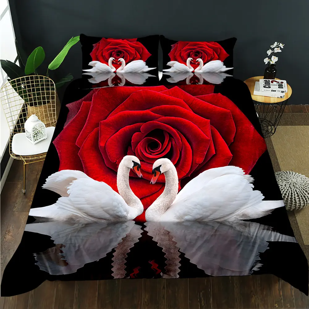 Red Rose Bedding Set Black and White Swan Large Bird Romantic Wedding Flowers Wildlife Bedroom Duvet Cover