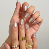 Faux ongles à presser en acrylique couleur unie, effet œil de chat, couleur café clair, forme amande, French manucure, longueur courte, fini brillant minimal, personnalisable, vente en gros