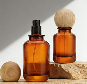 Botella de Perfume Redonda de Vidrio Ámbar de Lujo Vacía de 30 ml, 50 ml, 100 ml con Tapa de Bola de Madera - Product Image 5