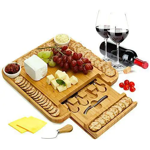 Bamboo Cheese Board with drawer and forks Knife Set for Cheese and Crackers - Sturdy Wooden cutting boards