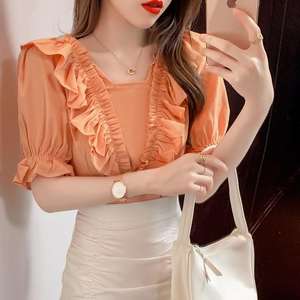 Ropa de mujer, moda de verano, volantes informales, Color sólido, cuello en V, Mujer, Oficina, señora, simplicidad, apariencia elegante, Manga corta fina para - Product Image 1