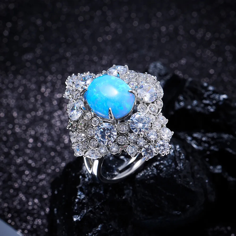 Dubai Vintage Trắng Xanh Bất Opal Birthstone Engagement Finger Nhẫn Đối Với Phụ Nữ Nữ Kim Cương Cubic Zircon Nhẫn Trang Sức