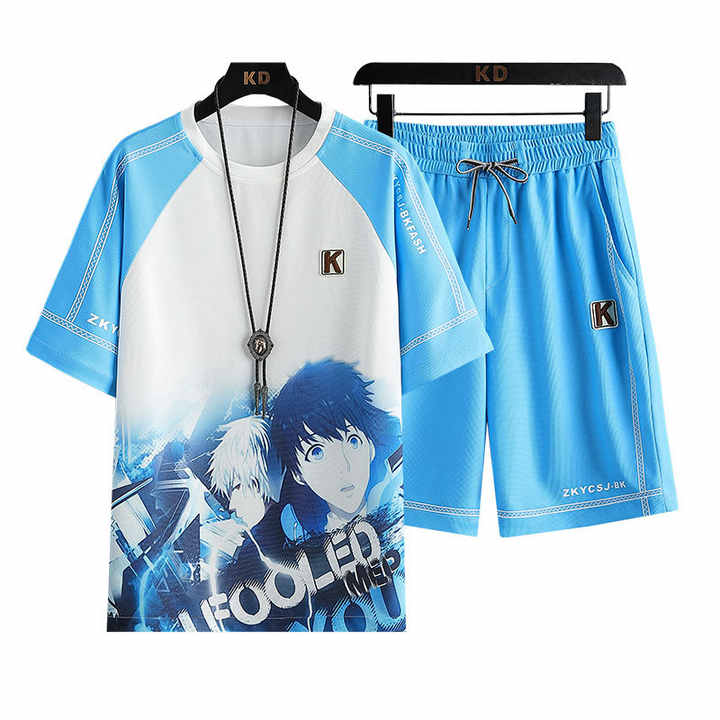 Men's Summer Korean Version Breathable T Shirts Casual Suit Thin Running Sports Short Sleeve Top Drawstring Shorts 2 Piece Set