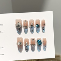 Ongles press-on de luxe faits main effet œil de chat, bleu ombré, breloques 3D, faux ongles réutilisables, ongles artistiques
