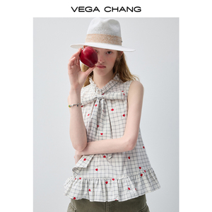 Chemisier sans manches à carreaux brodés en forme de cœur VEGA CHANG pour femme avec nœud papillon et ourlet à volants – Haut décontracté en gros - Product Image 2