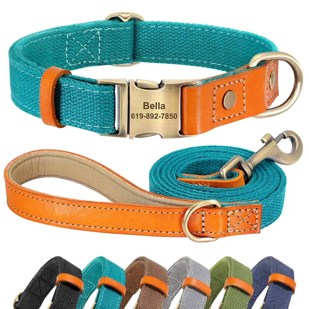 Beirui Manufactory Adjustable Durable Genuine Leather Matching Polyester Cotton Accessories Pet Dog Collar Designer Leash Set