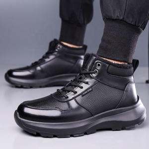 Bottines pour hommes en cuir véritable, bout rond, doublure en polaire, semelle en caoutchouc, chaussures d'hiver à semelle épaisse, chaussures décontractées d'extérieur - Product Image 3