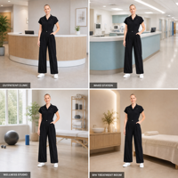 Combinaison médicale pour femmes, col à revers, jambes larges plissées, taille froncée à l'arrière, uniforme de clinique une pièce pour hôpital, spa
