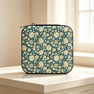 Boîte à bijoux de luxe en cuir PU, imprimé marguerite verte, intérieur en velours, étui de rangement - Product Image 1
