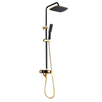 Ensemble de douche thermostatique 3 fonctions en aluminium brossé noir et or, avec pommeau de pluie, douchette à main et barre coulissante murale pour hôtels et appartements