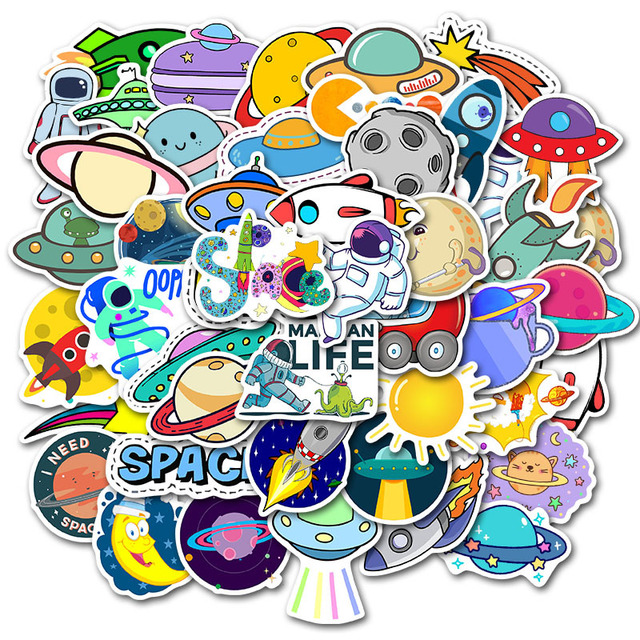 50Pcs Cartoon Space Astronaut Planet Suitcase Stickers, Super Waterproof Graffiti Decal Labels