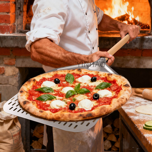 Pala per <span class=keywords><strong>Pizza</strong></span> YINHAO con Logo Inciso, Manico Lungo Staccabile in Acciaio Inox 430, Utensile Perforato per Trasferimento in Forno e Rotazione Torte - Product Image 3