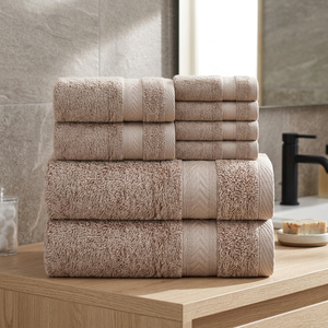 Ensemble de serviettes de bain en coton biologique beige, douces, absorbantes, séchage rapide, respectueuses de la peau, tissées, couleur unie, pour la maison - Product Image 1