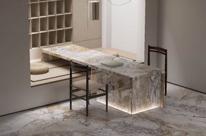 אבן שיש לבנה ארבע עונות, בסיס לבן טבעי עם ורידים אפור-זהובים, עיצוב מודרני, משמשת למשטחי מטבח חיצוניים ווילות. - Product Image 6