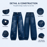 Celana Jeans Anak Perempuan Model Kaki Lebar Berhias Pita, Celana Denim Pinggang Elastis Kasual, OEM ODM Custom Private Label