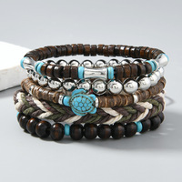 Bracelet rétro DIY multi-couches en fil élastique avec perles en bois et coquille de noix de coco, idéal pour les rendez-vous, les fêtes et les cadeaux.