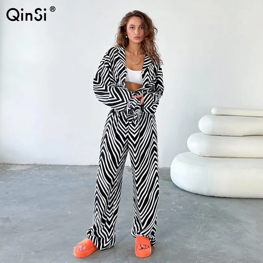 QINSI Wide Leg Pants Outfits Autumn Two Pieces Sets Fashion Woman Long Sleeves Shirts Street Chiffon Print Trousers Suits