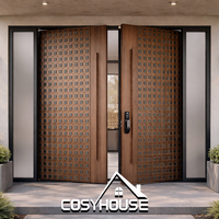 Porte d'entrée double moderne en aluminium noir avec panneaux d'accentuation en grain de bois, porte extérieure minimaliste de luxe