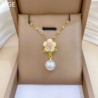 Kalung Sporty Bertabur Kristal Mutiara Model Bunga Rantai Bambu Baja Anti Karat untuk Wanita