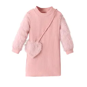 थोक बच्चों के लिए नई लड़कियों शरद ऋतु और सर्दियों गुलाबी फर लंबी आस्तीन बड़ी पिट पट्टी पोशाक + प्रेम बैग सेट