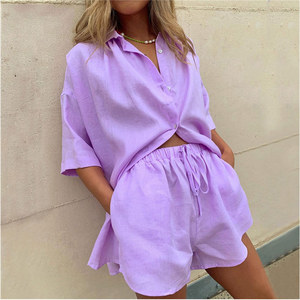 Set Due Pezzi in <span class=keywords><strong>Lino</strong></span> per <span class=keywords><strong>Donna</strong></span> 2023, Camicia Oversize e Pantaloncini, Alta Qualità, Personalizzabile OEM - Product Image 3