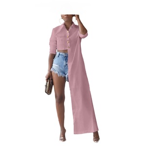 Camicia Irregolare a <span class=keywords><strong>Maniche</strong></span> <span class=keywords><strong>Lunghe</strong></span> in Fibra Chimica Mista, Casual e Alla Moda, Nero Rosa, Bluse e Top Sexy - Product Image 3