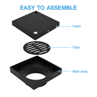 Siphon de sol carré en acier inoxydable 304 noir mat pour salle de bain, insert de carrelage dissimulé, drain de douche invisible